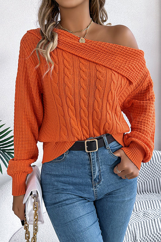 Einfarbiger, lässiger Strickpullover mit einer Schulter und langen Ärmeln