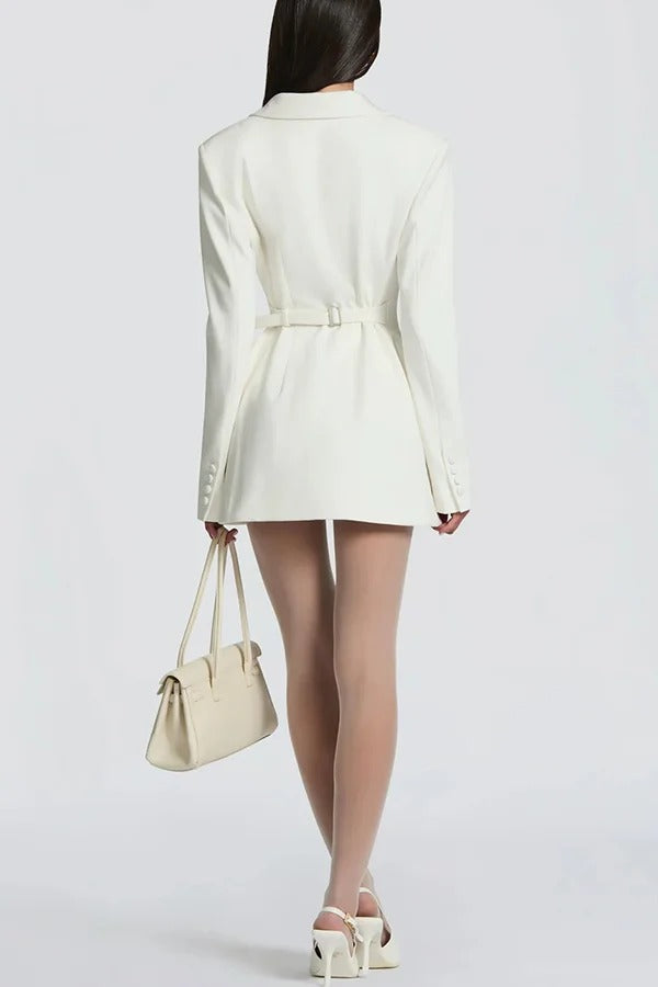 Elvira Double-breasted Long Sleeve Adjustable Back Belt Lapel Blazer Mini Dress