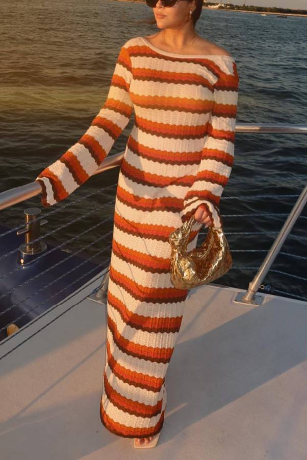 Damen Langarm Rundhalsausschnitt Rückenfrei Gestreift Figurbetontes Pulloverkleid Rippstrick Maxi Lange Kleider