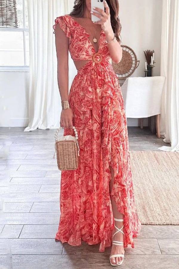 Paisley Print V-Neck Ruffle Cutout Slit Maxi Dress