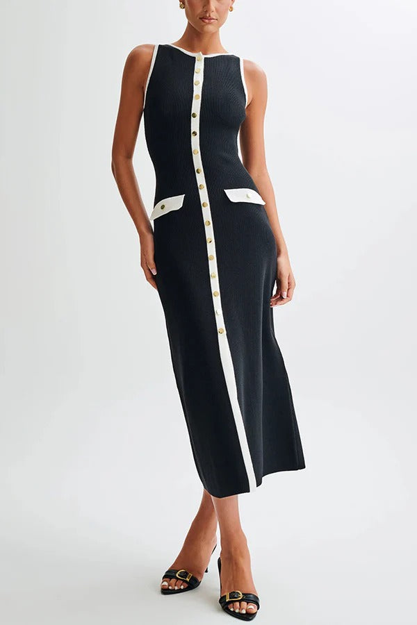 Elegantes Slim Fit Rundhalsausschnitt Ärmelloses Midi-Strickkleid mit Knöpfen