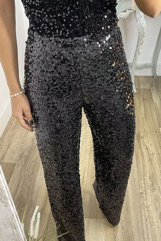 Glitzernde Glamour-Paillettenhose mit hohem Bund und weitem Bein