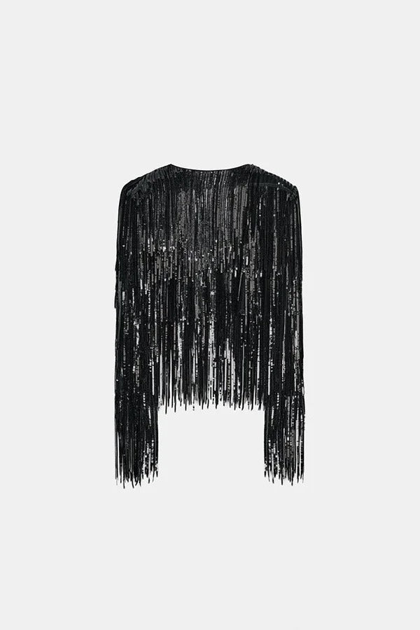 Party Crasher Layered Sequined Tassels Long Sleeve Loose Jacket