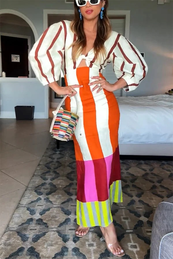 Robe longue Kaya en lin mélangé à imprimé blocs de couleurs, découpe sur le devant, manches bouffantes et nœud