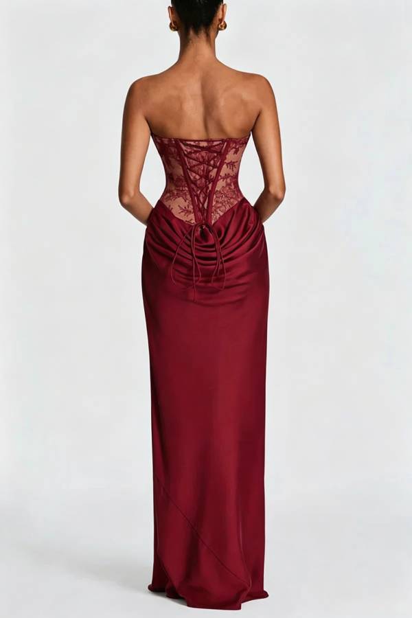 Kathleen Floral Lace Contrast Structural Detail Back Lace-up Satin Hem Strapless Maxi Dress