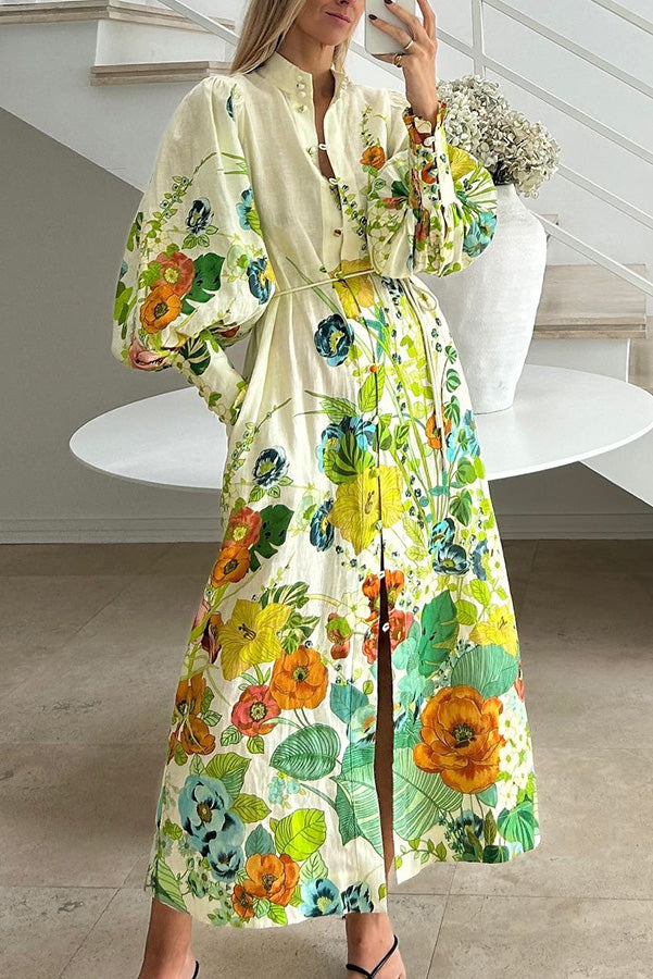Sommerparty-Midikleid mit Blumendruck, Ballonärmeln, Taschengürtel und Hemd