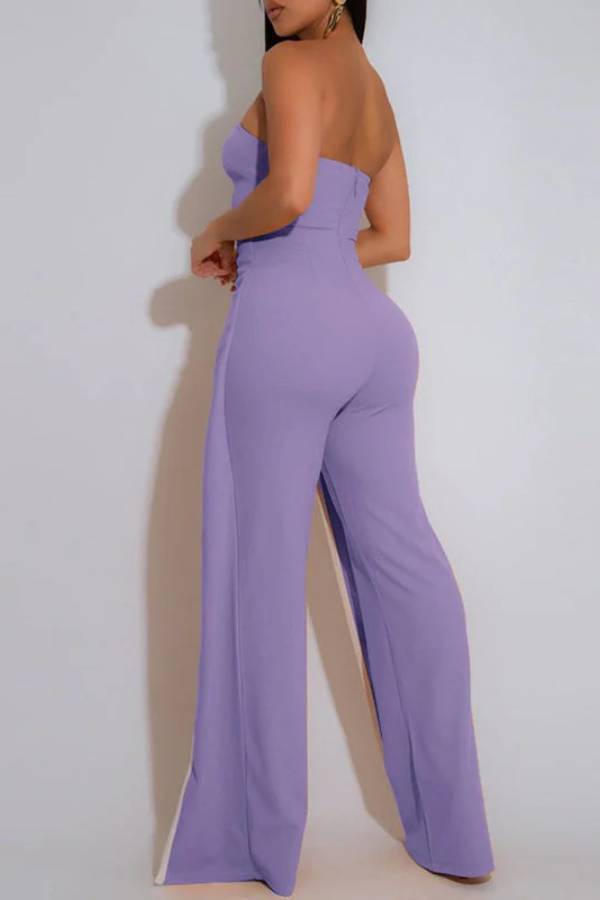 Fashionable Contrast Color Off-shoulder Metal Decoration Casual Elegant Jumpsuit