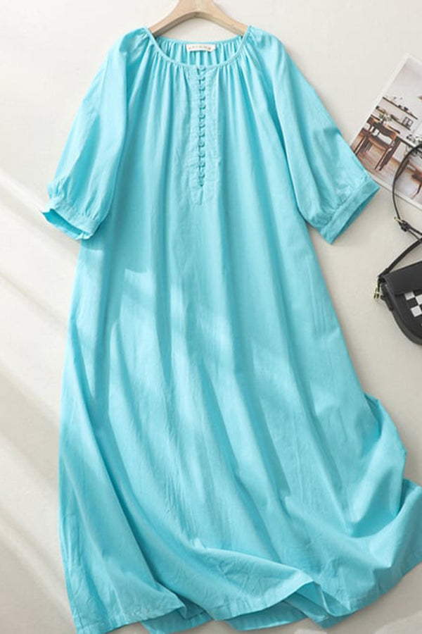 Damen Art Vintage Kleid mit Knopfkragen und langen Ärmeln