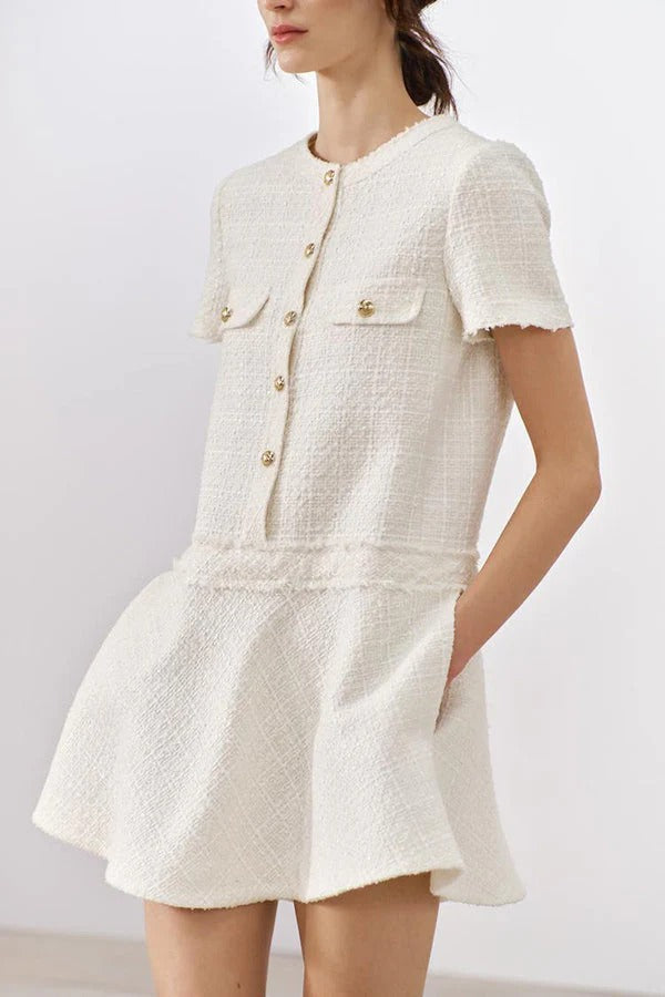 1960er London Girl Tweed Strukturiertes Minikleid mit goldenen Knöpfen und kurzen Ärmeln