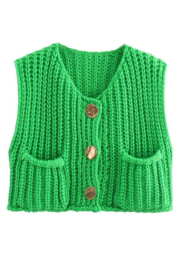 Einfarbige ärmellose Strickweste mit Tasche