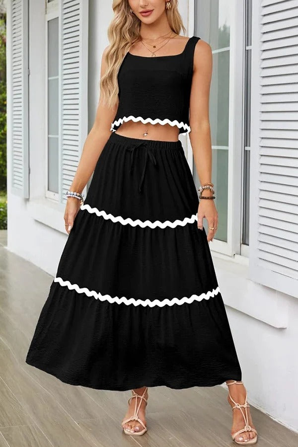 Ärmelloses, kurzes Tanktop mit Napa-Zickzack-Besatz und Maxirock mit Tasche und elastischer Taille mit Kordelzug