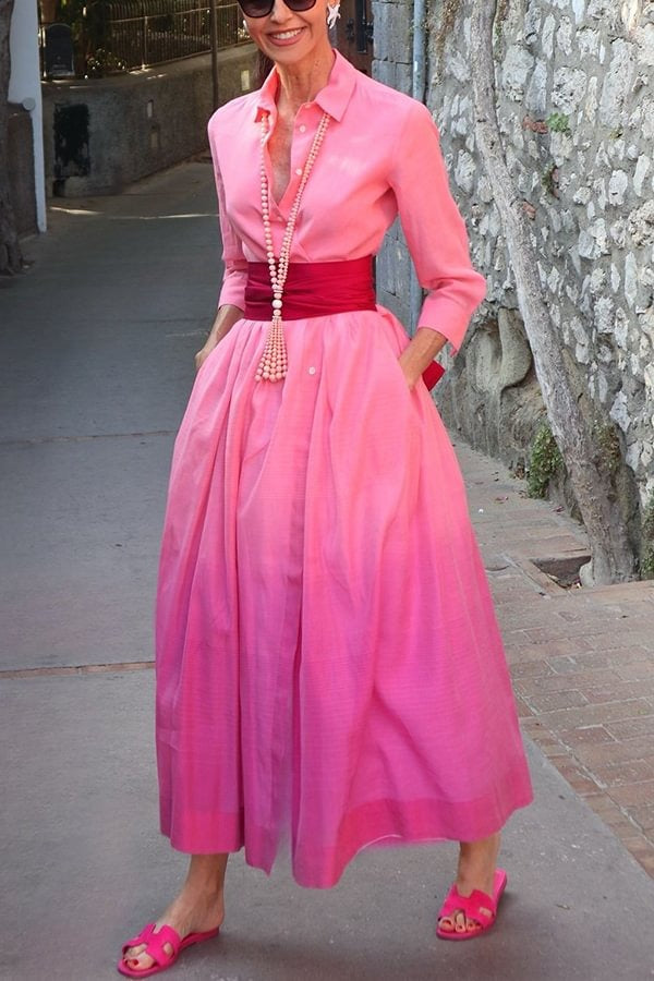 Sunset and City – Midikleid aus Leinenmischung mit Farbverlaufsdruck, breitem Gürtel und Taschen