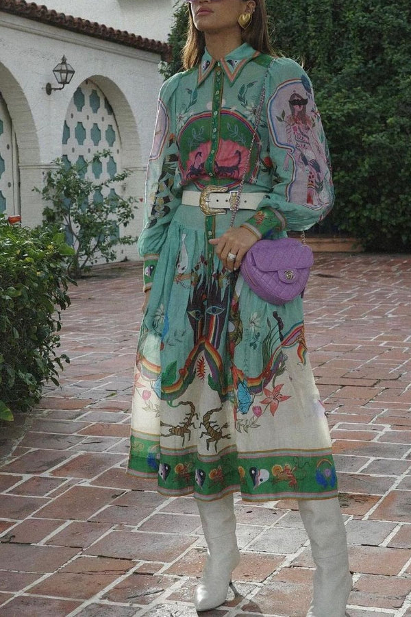 Staying In Capri – Midikleid mit einzigartigem Print und Ballonärmeln und Gürtel