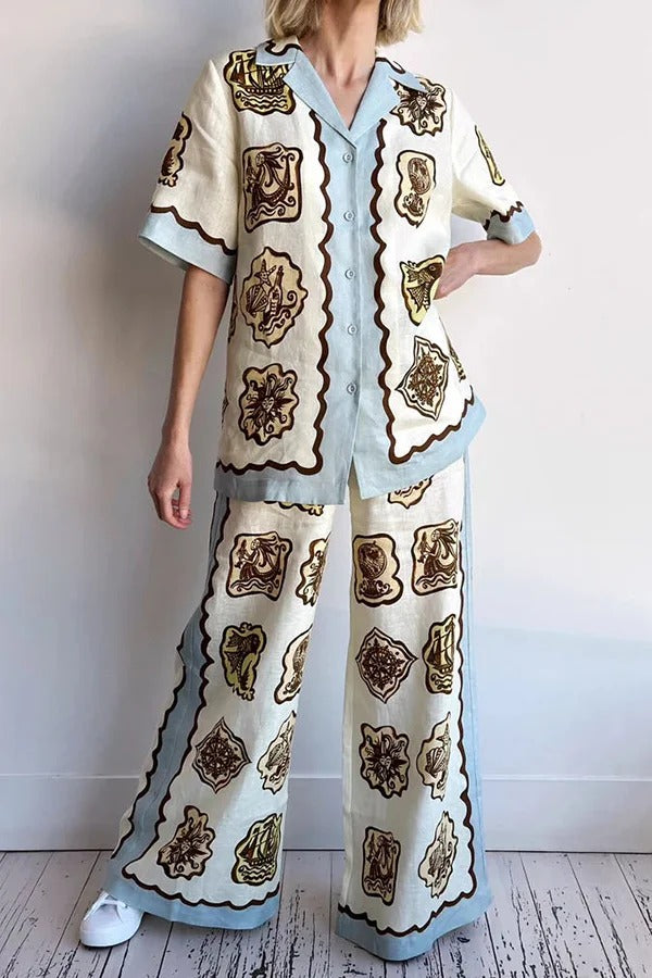 Lakeside Breeze – Oversize-Bluse aus Leinenmischung mit einzigartigem Druck und kurzen Ärmeln und Knöpfen