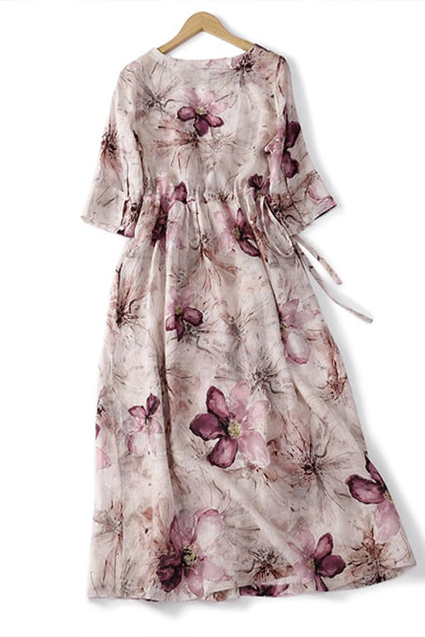 Kleid aus Baumwolle und Leinen mit Blumenmuster und Krawatte