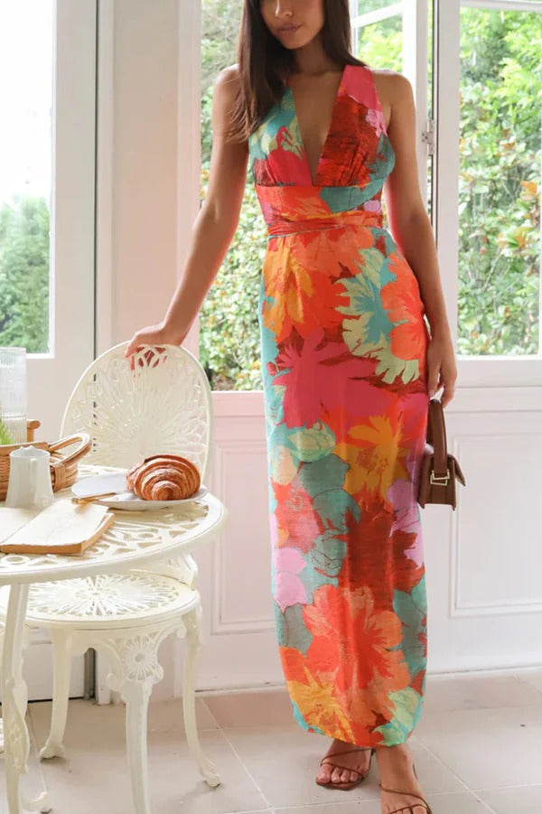 Einzigartiges bedrucktes Maxikleid mit V-Ausschnitt und hoher Taille