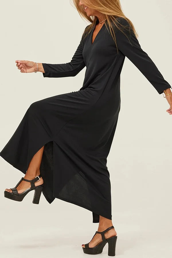 Robe longue décontractée fendue à col en V de couleur unie