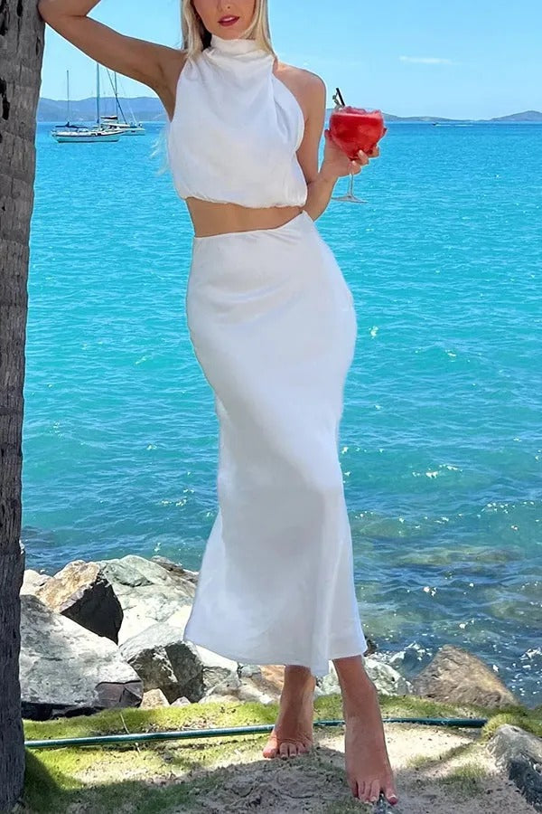 Such A Vibe – Hochgeschlossenes Maxirock-Set aus drapiertem Satin