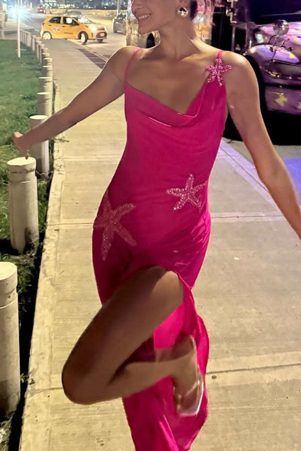 Robe longue fendue asymétrique en mousseline de soie à sequins et étoiles de mer