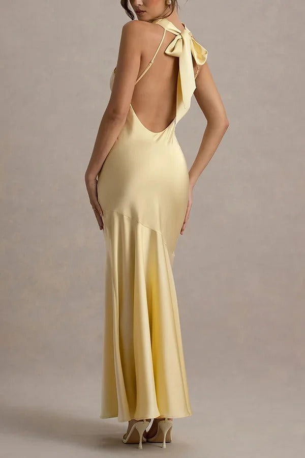 Timeless Sophistication Satin Cowl Detail Back Self-tie Halter Neck Maxi Dress