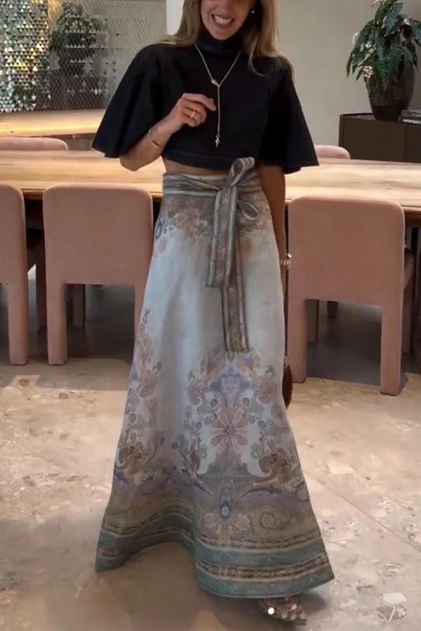 Next Vacation Linen Blend Paisley Print High Rise Tie-up Waist Maxi Skirt