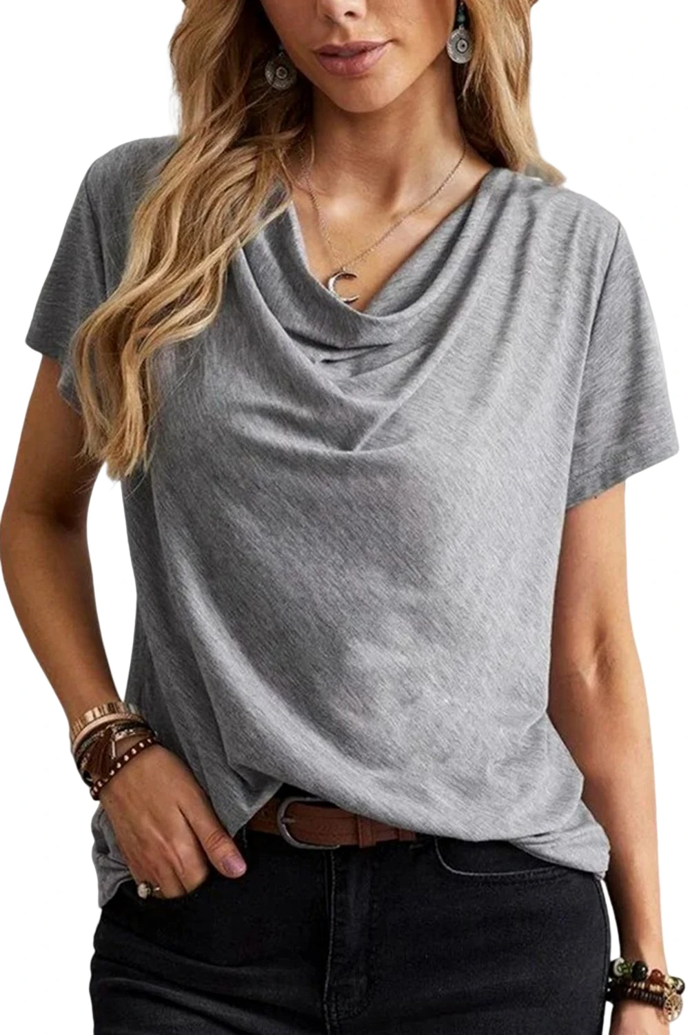 Graues, schlichtes, drapiertes, kurzärmliges Freizeit-T-Shirt