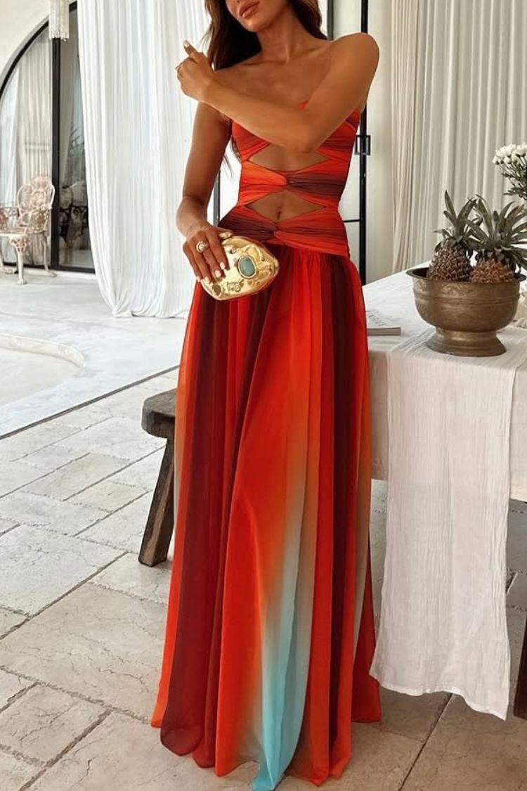 Sardinia Sunset – Schulterfreies Urlaubs-Maxikleid mit Netzstoff und Twist-Ausschnitt