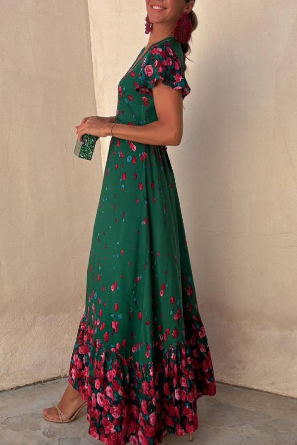 Robe longue ample à imprimé fleurs tombantes et manches à volants