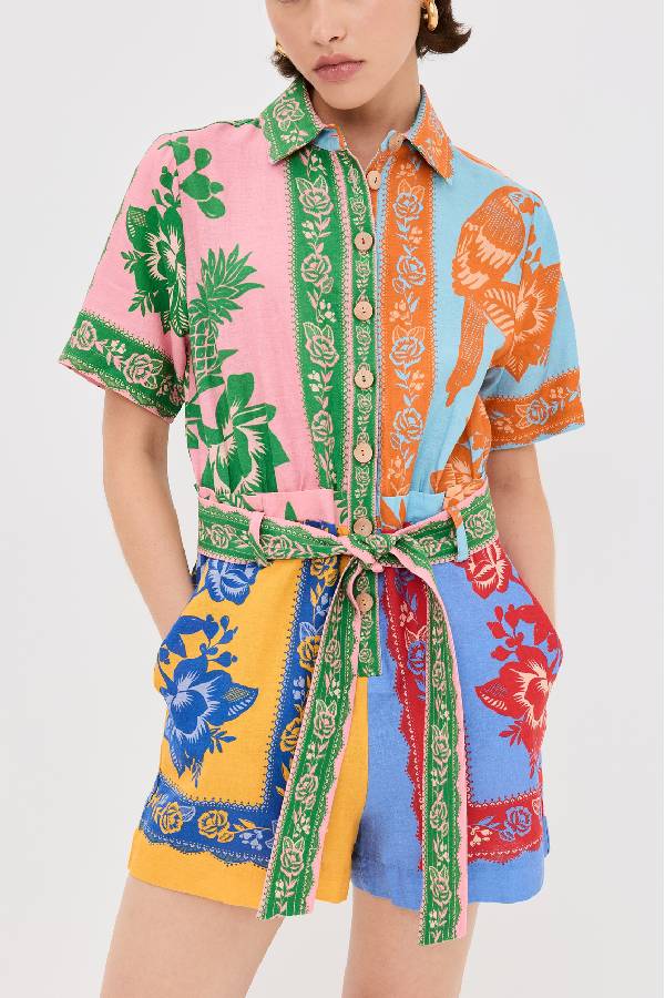 Combinaison en lin mélangé avec ceinture nouée et imprimé foulard en dentelle