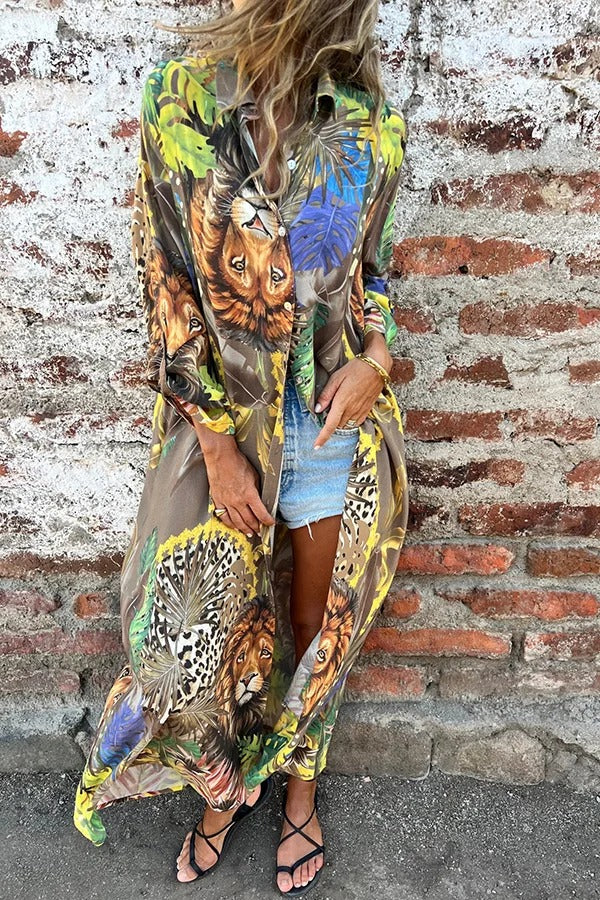 Jungle Miracle – Lässige Midi-Bluse mit einzigartigem Tier-Print und Knopfleiste