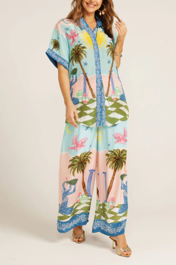 Einzigartige Hose mit weitem Bein und elastischer Tasche im Cree-Ethno-Stil mit handbemaltem Druck