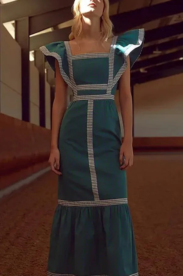 Ärmelloses Maxikleid mit eckigem Ausschnitt und Kontrasteinsätzen