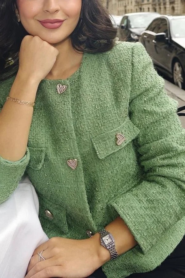Stilvolle Tweed Love Button Langarm Casual Pocket Jacke