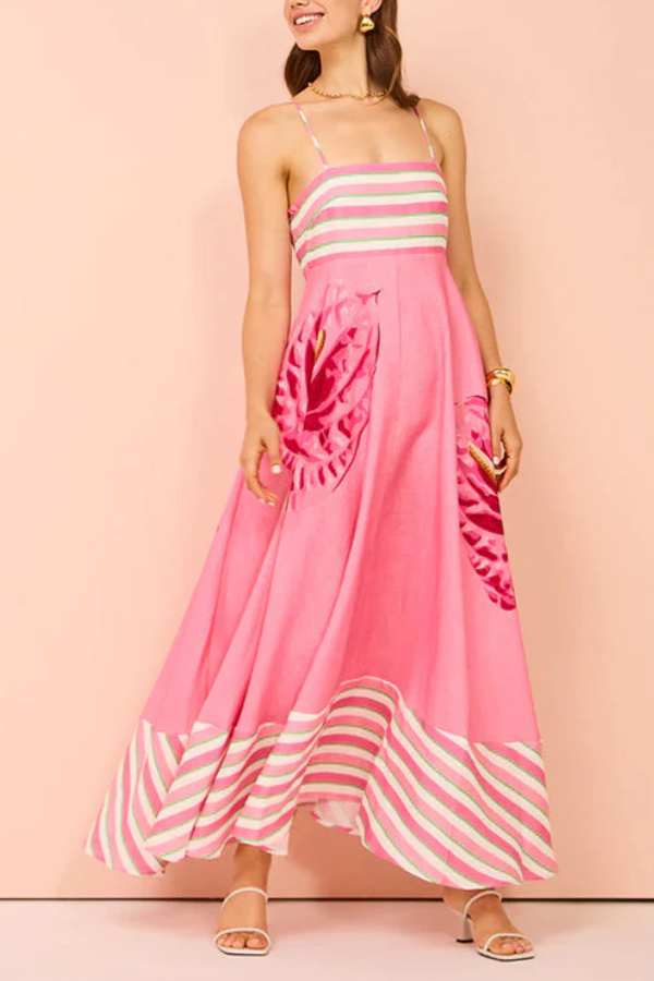 Rückenfreies, gestreiftes, gespleißtes Swing-Maxi-Camisole-Kleid mit Blumendruck