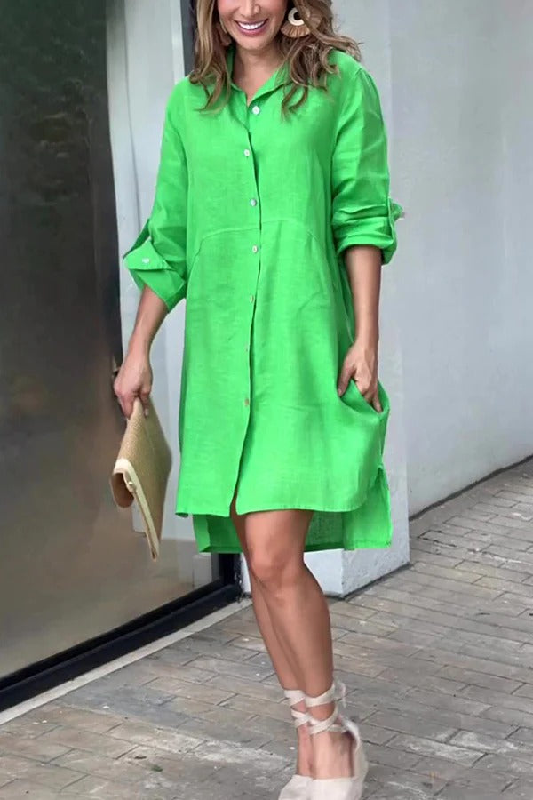 Einfarbiges, langärmliges Minikleid im Button-Down-Hemdstil aus Leinenmischung
