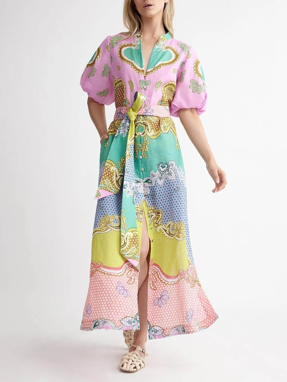 Einzigartiges Maxi-Cardigankleid mit Ethno-Print und Bindebändern