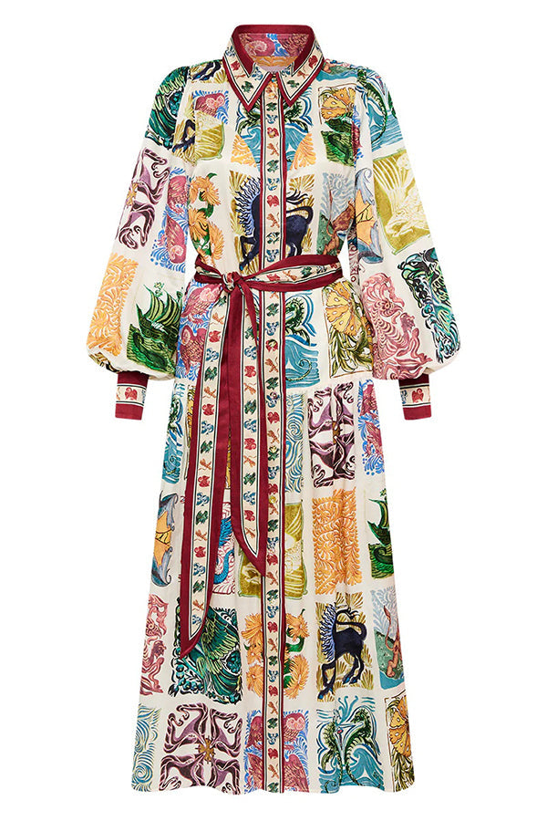 Wond A Land – Midikleid mit einzigartigem Print, Ballonärmeln, Gürtel und Taschen