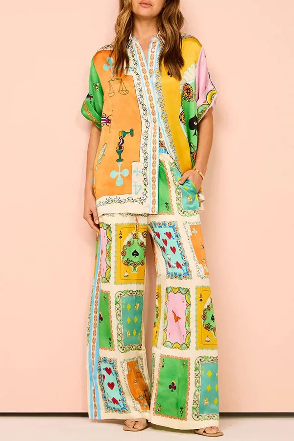 Lustige Poker Sommer Satin Einzigartiger Druck Button Down Oversize Bluse