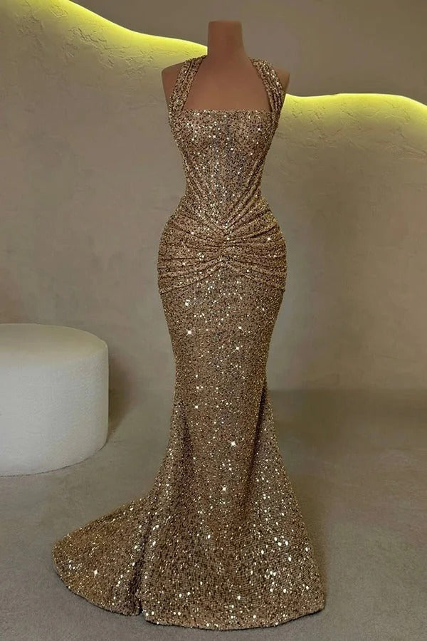 Velda Sequin Halter Square Neck Ruched Waist Back Lace-up Drape Flare Maxi Dress