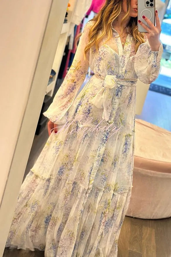 Robe longue chemise à volants et ceinture boutonnée, imprimé lavande, style romantique de Provence