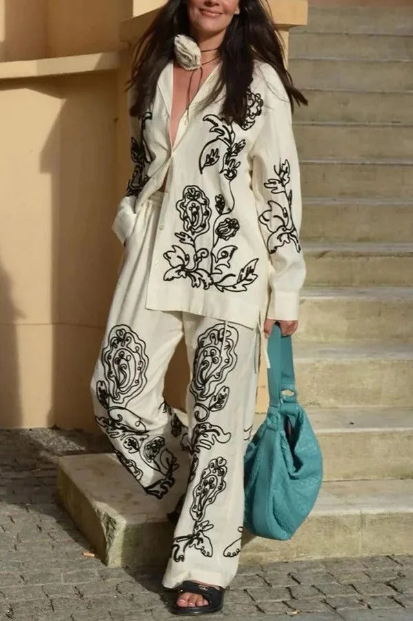 Bella Set aus langärmligem, lockerem Hemd aus Leinenmischung mit besticktem Blumendruck und Hosen mit elastischer Taille und Taschen