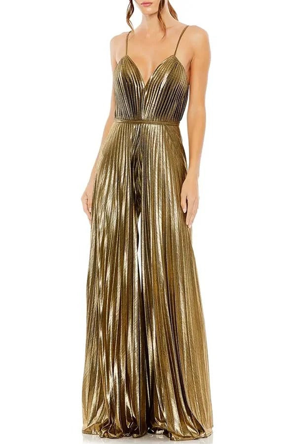 Disco Fashion Jumpsuit mit weitem Bein und Plissee-Tasche aus Metallic-Stoff