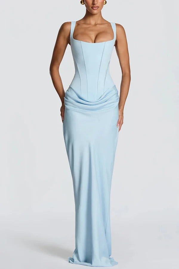 Larrah Square Neck Back Lace-up Satin Drape Hem Maxi Dress