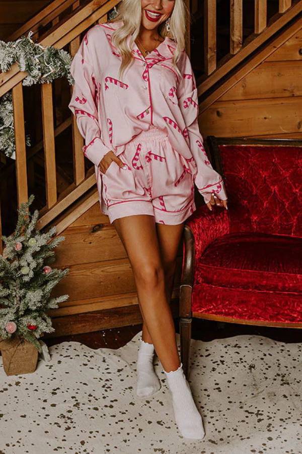 Candy Cane Kisses Pyjama-Shorts-Set aus Satin mit Druck und elastischer Taille und Tasche