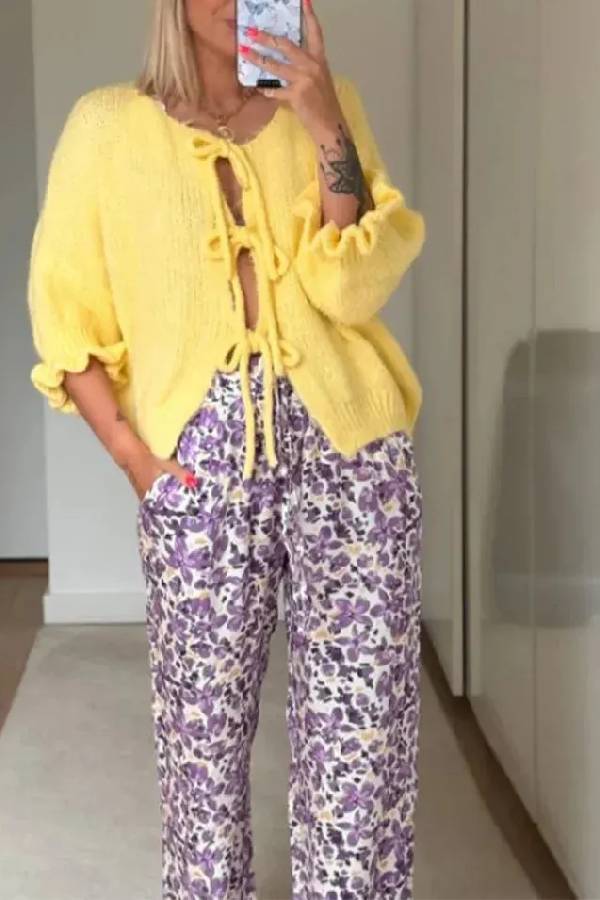 Pull cardigan à col rond et manches évasées avec nœud à lacets