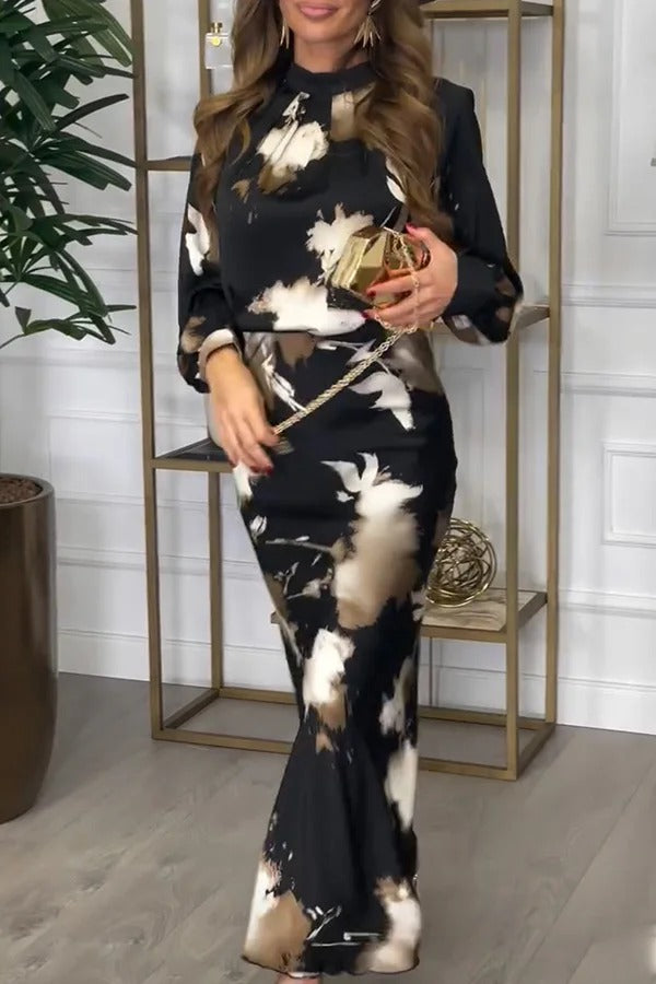 Ensemble chemisier ras du cou à manches ballon et jupe longue taille haute en satin Kona tie dye