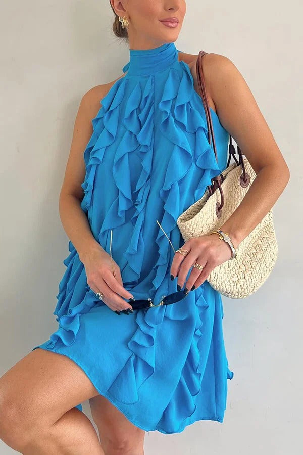 Oh So Sweet – Hochgeschlossenes, plissiertes A-Linien-Minikleid aus Chiffon mit Rüschen