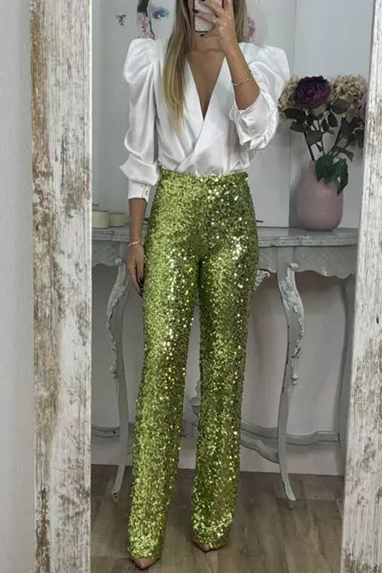 Glitzernde Glamour-Paillettenhose mit hohem Bund und weitem Bein