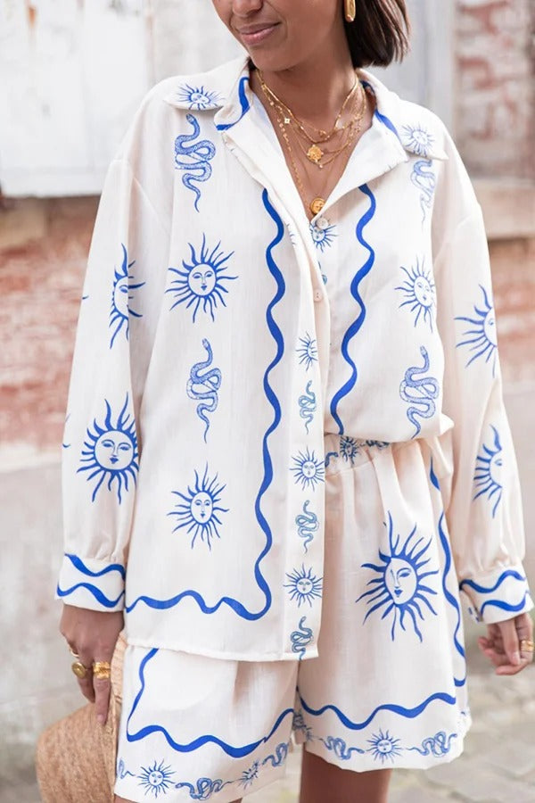 Symbol of Sicily – Lockeres Hemd aus Leinenmischung mit einzigartigem Druck und Ballonärmeln und Knöpfen