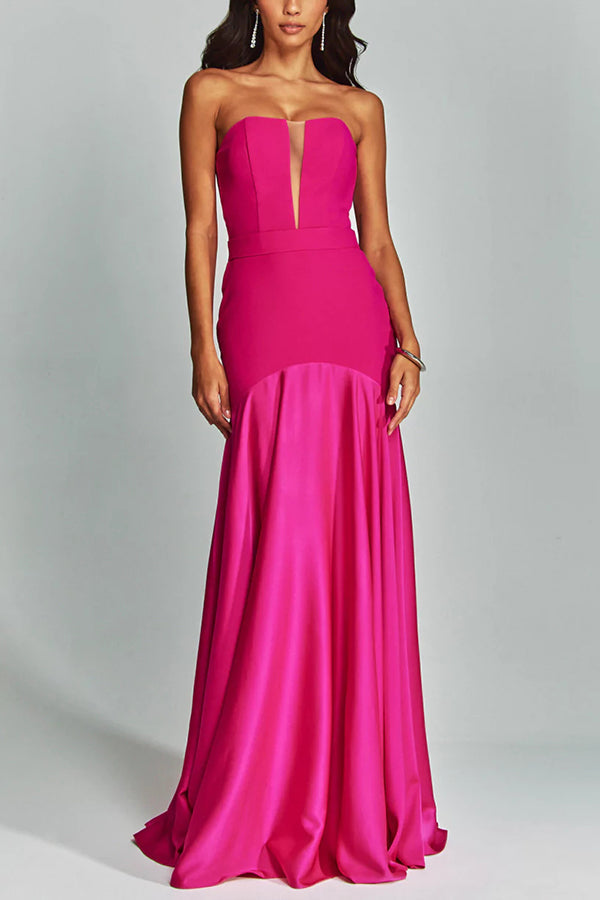 Schulterfreies Party-Maxikleid im Meerjungfrauenstil mit V-Ausschnitt und Satinsaum